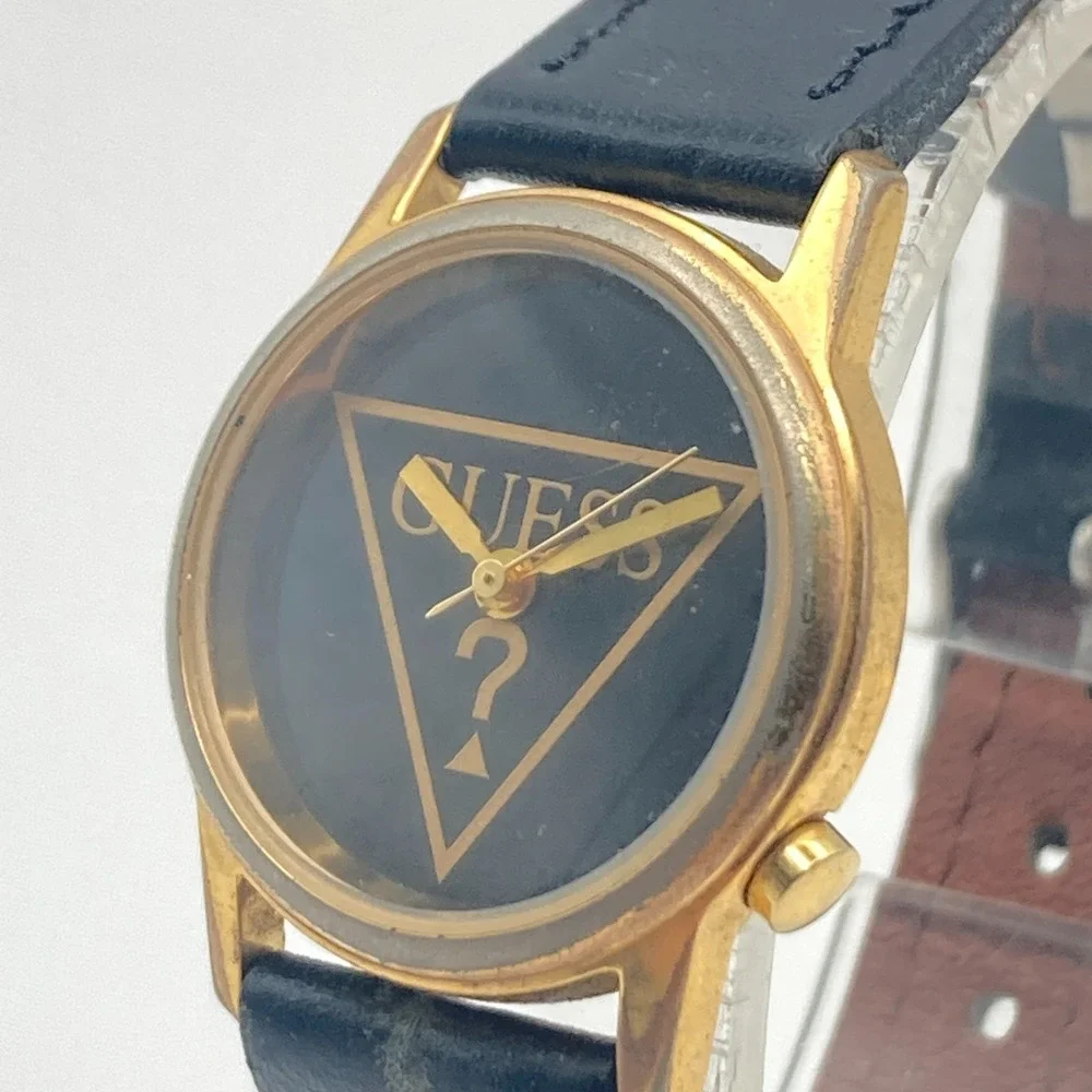 Vintage Guess Womens Watch 25mm Gold Tone Black Logo New Battery 7.75